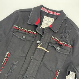 Smugglers Moon Size 2XL XXL Black Distressed Denim Jacket with Red Embellishment